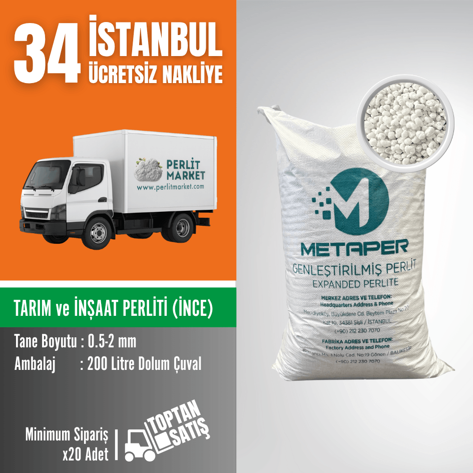 Tarım ve İnşaat Perliti 0.5–2 mm (İnce) | 200 Litre Çuval – İstanbul Nakliye Dahil